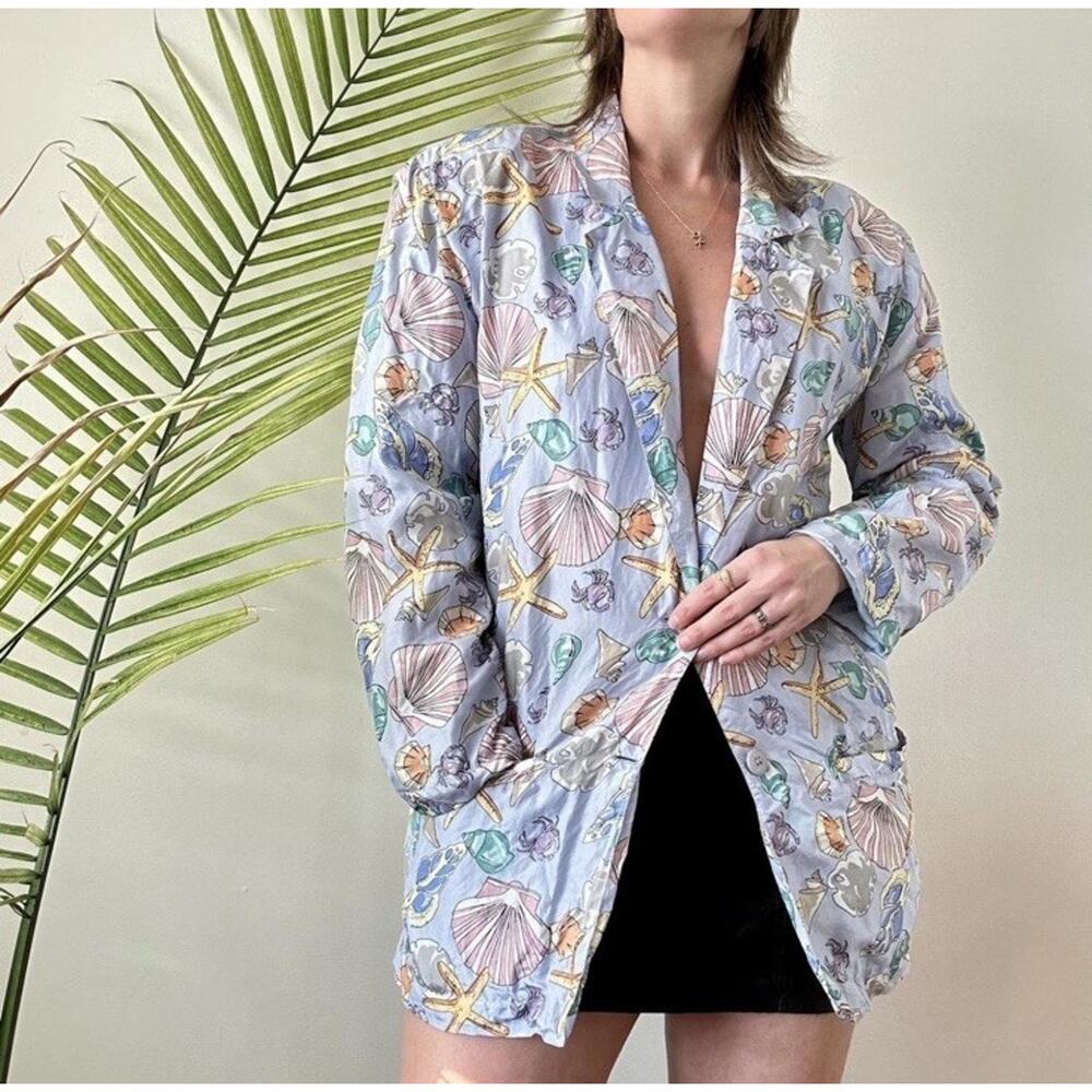 Rhoda Lynn Vintage 100% Silk Jacket Seashell Coastal Beachy Fisherman Womens Lrg
